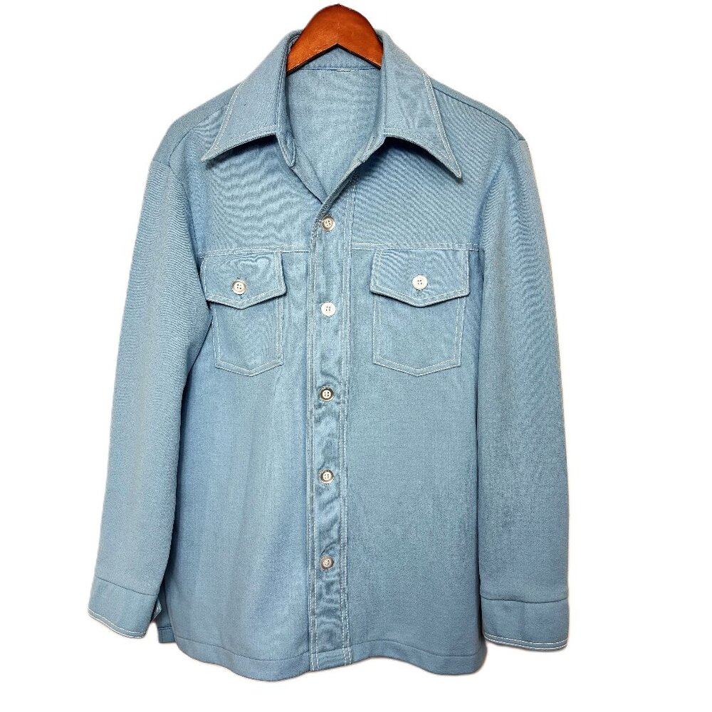 VTG 70’s Leisure Disco Jacket Powder Blue Polyester Sz Medium